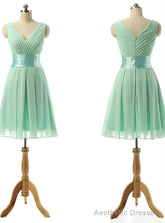 Vintage Bridesmaid Dress with a Ribbon Light Green V-neck Bridesmaid Dresses with Soft Pleats